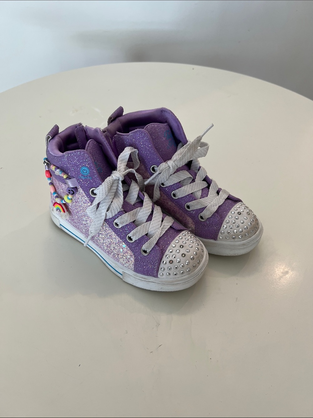 Kids Purple Glitter High-Top Sneakers with Rhinestone Toe